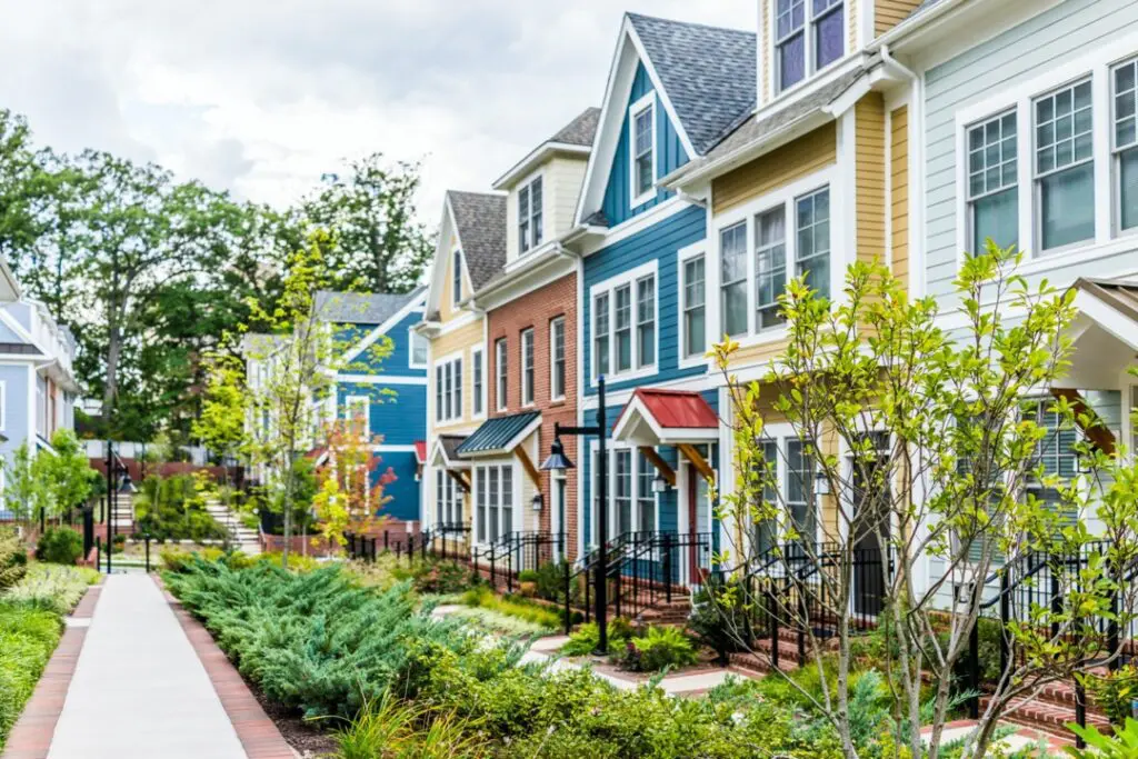 Brightly coloured houses along street